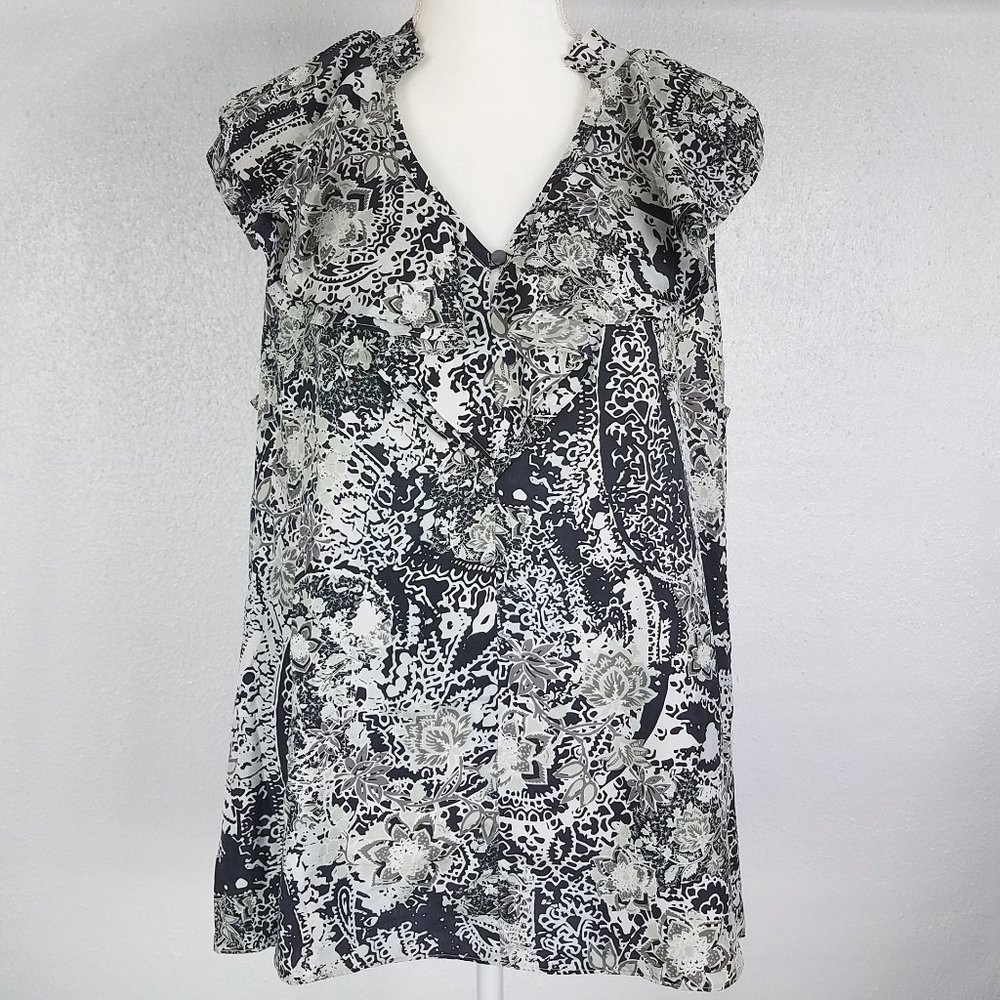 Banana Republic Women's Silk Ruffle Neck Camo Blouse Tank Top Shell - Picture 1 of 8